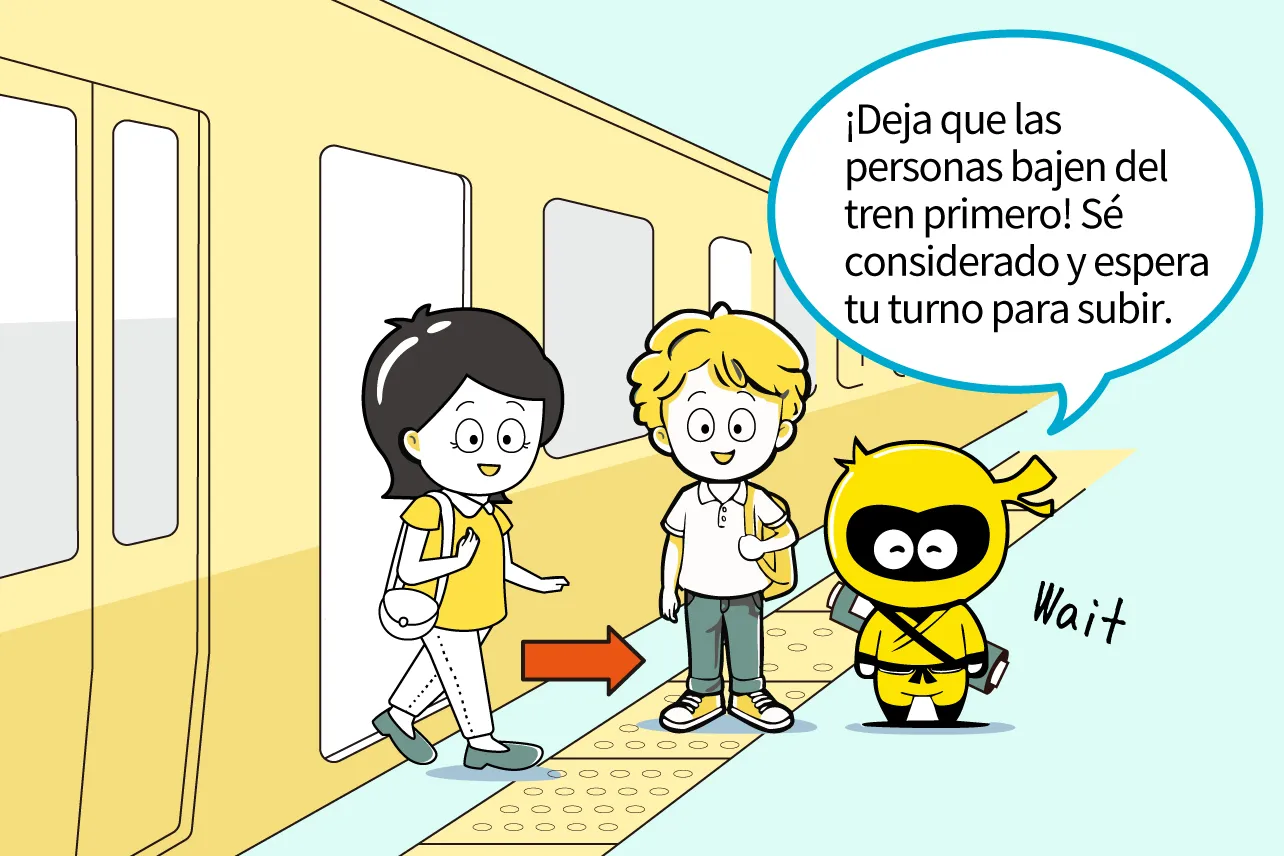 ¡Deja que las personas bajen del tren primero! Sé considerado y espera tu turno para subir.