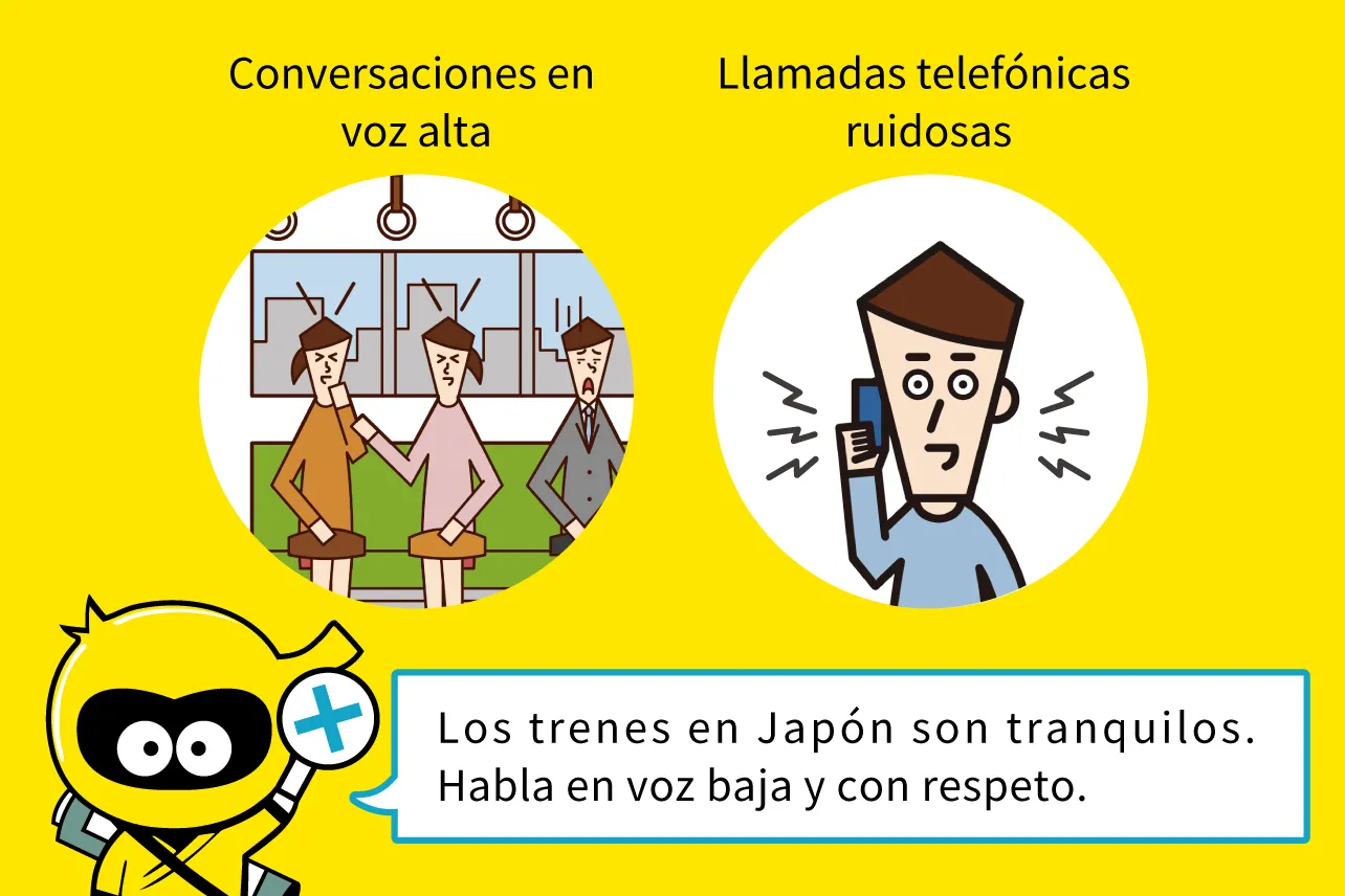 Los trenes en Japón son tranquilos. Habla en voz baja y con respeto.