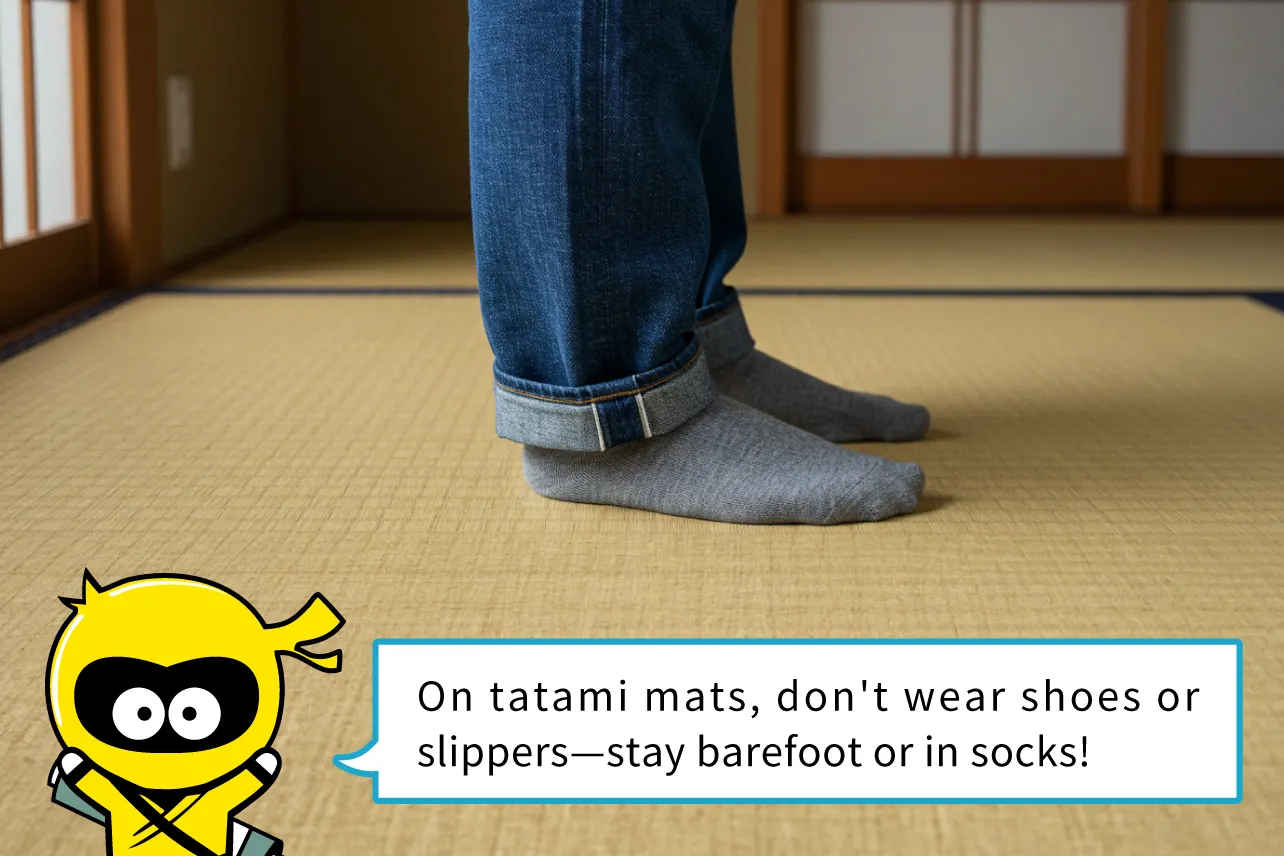 On tatami mats, don't wear shoes or slippers—stay barefoot or in socks!