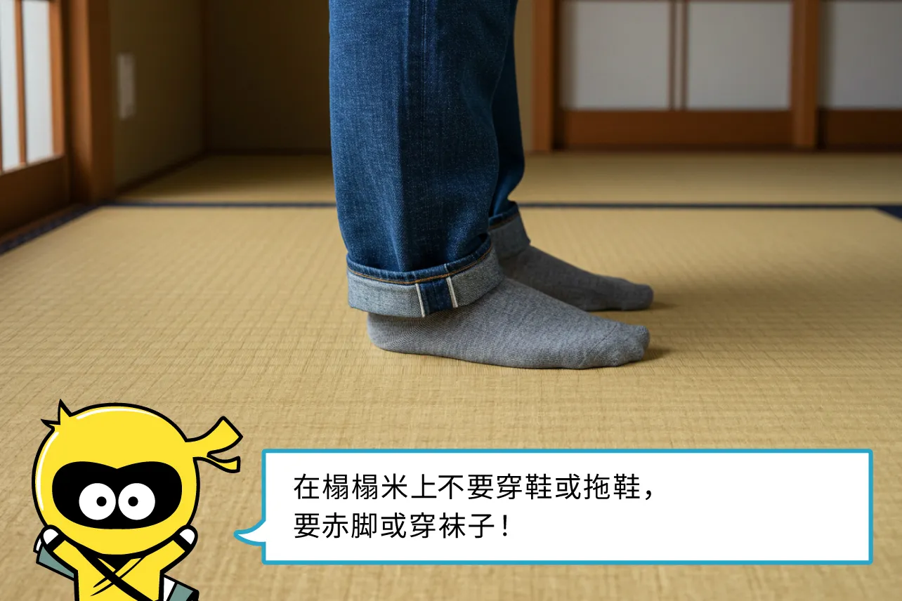 在榻榻米上不要穿鞋或拖鞋，要赤脚或穿袜子！