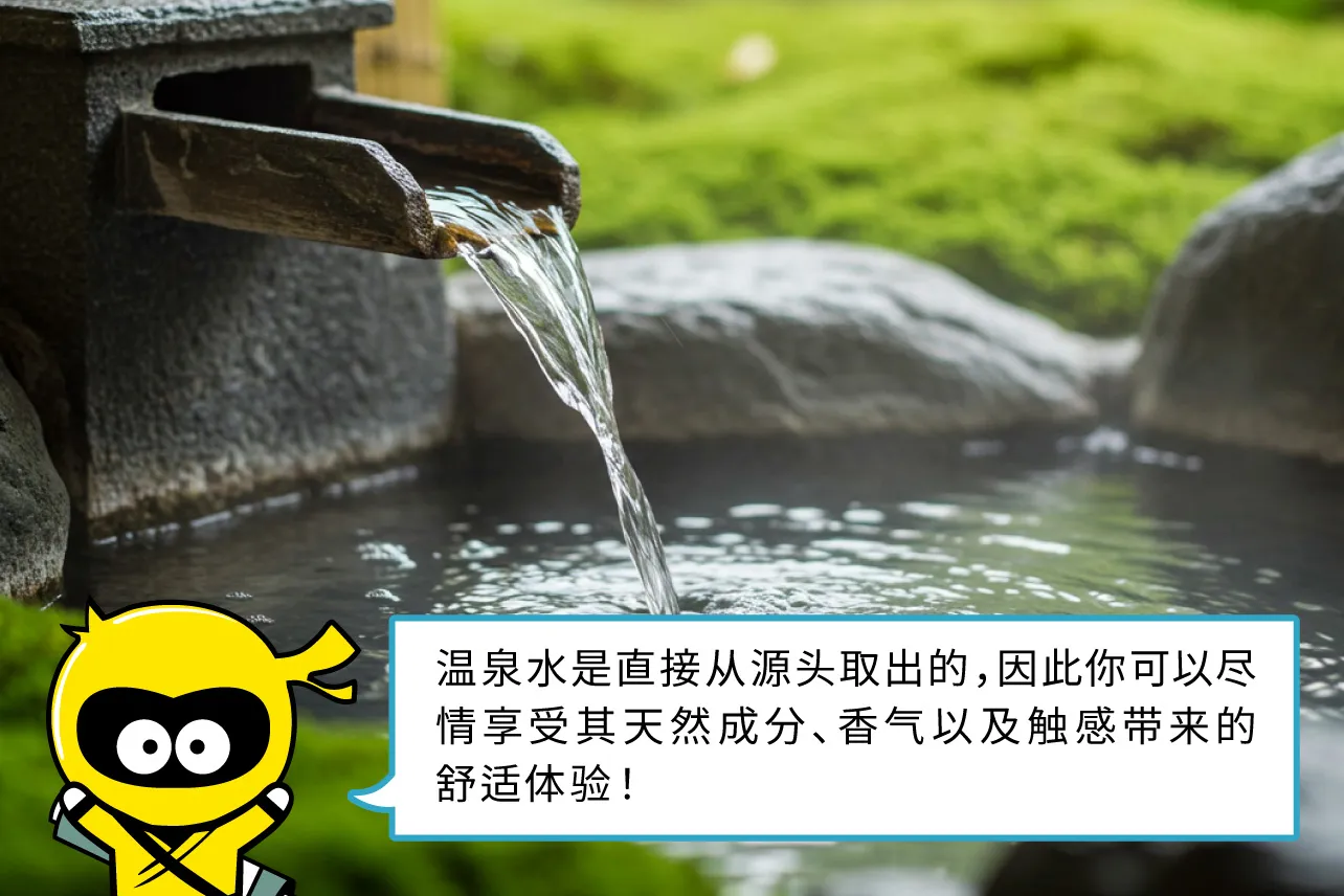 温泉水是直接从源头取出的，因此你可以尽情享受其天然成分、香气以及触感带来的舒适体验！