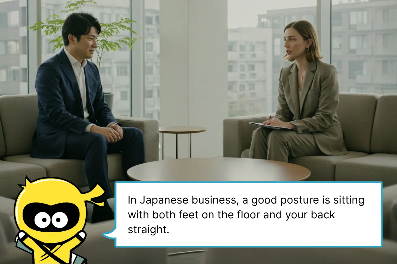 In Japanese business, a good posture is sitting with both feet on the floor and your back straight.