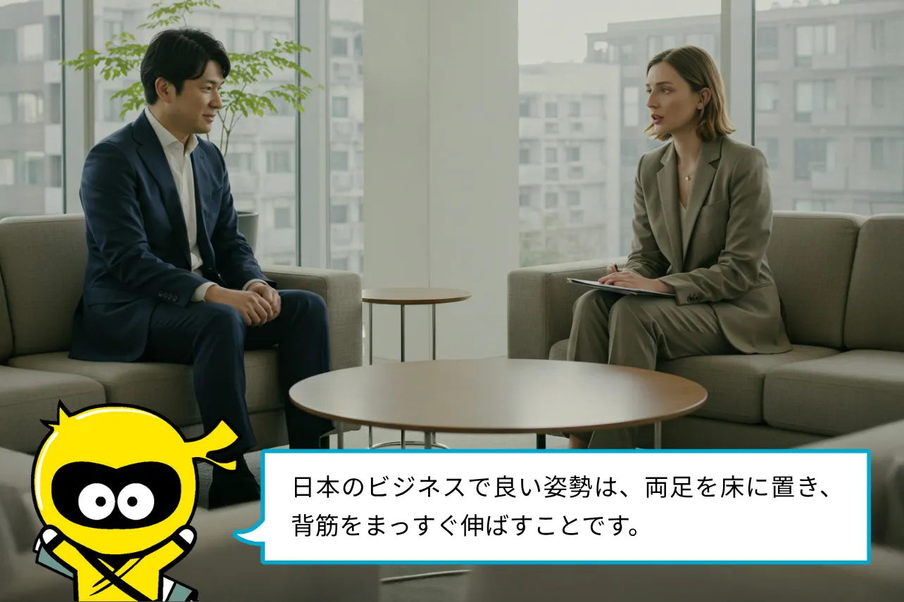 日本のビジネスで良い姿勢は、両足を床に置き、背筋をまっすぐ伸ばすことです。
