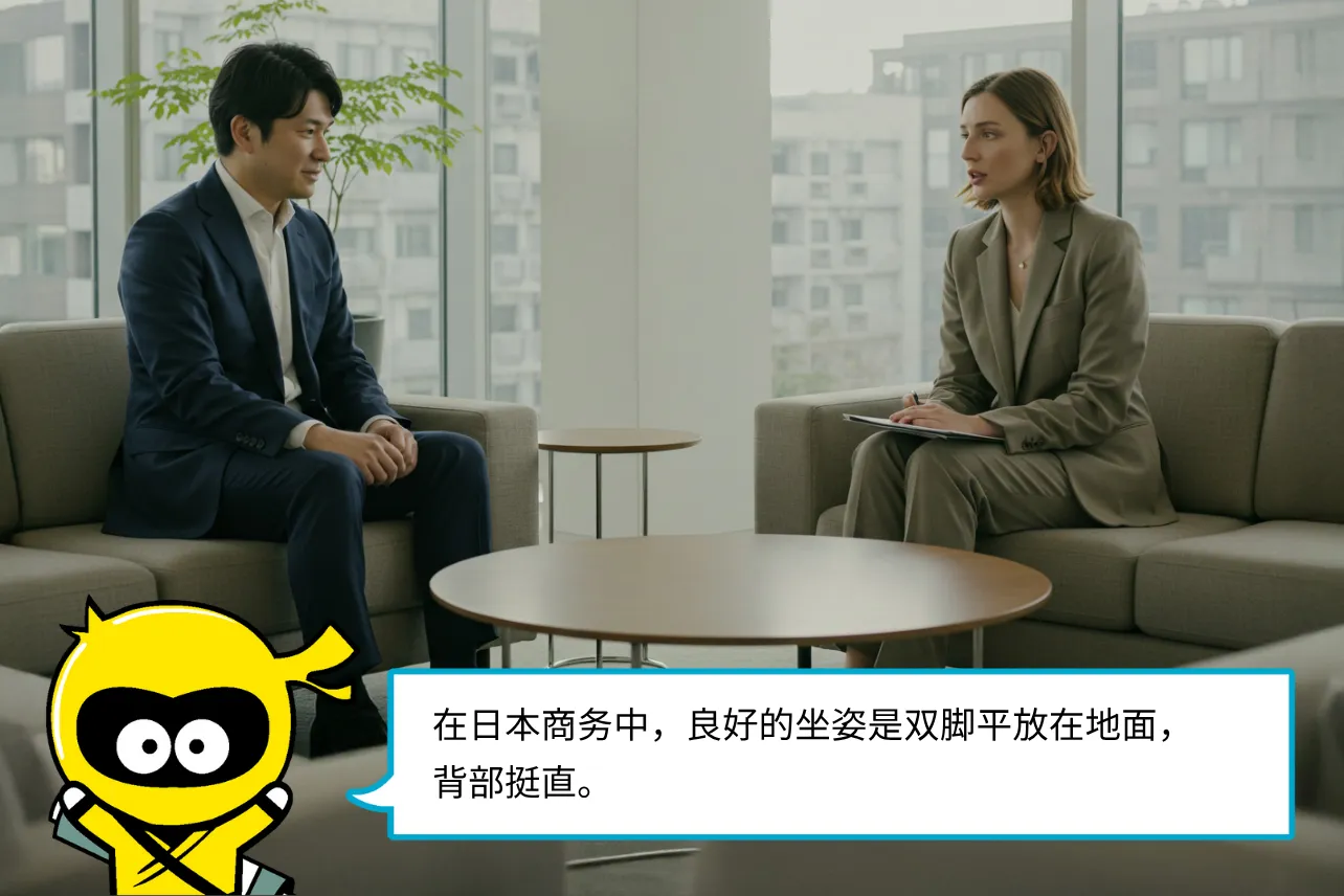 在日本商务中，良好的坐姿是双脚平放在地面，背部挺直。