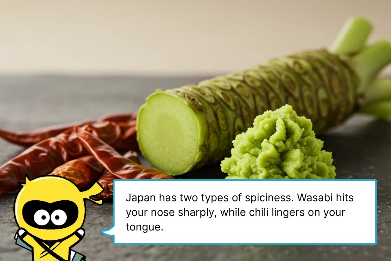 Japan has two types of spiciness. Wasabi hits your nose sharply, while chili lingers on your tongue.