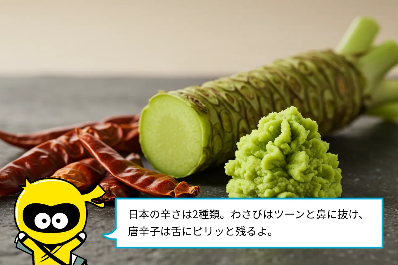 日本の辛さは2種類。わさびはツーンと鼻に抜け、唐辛子は舌にピリッと残るよ。