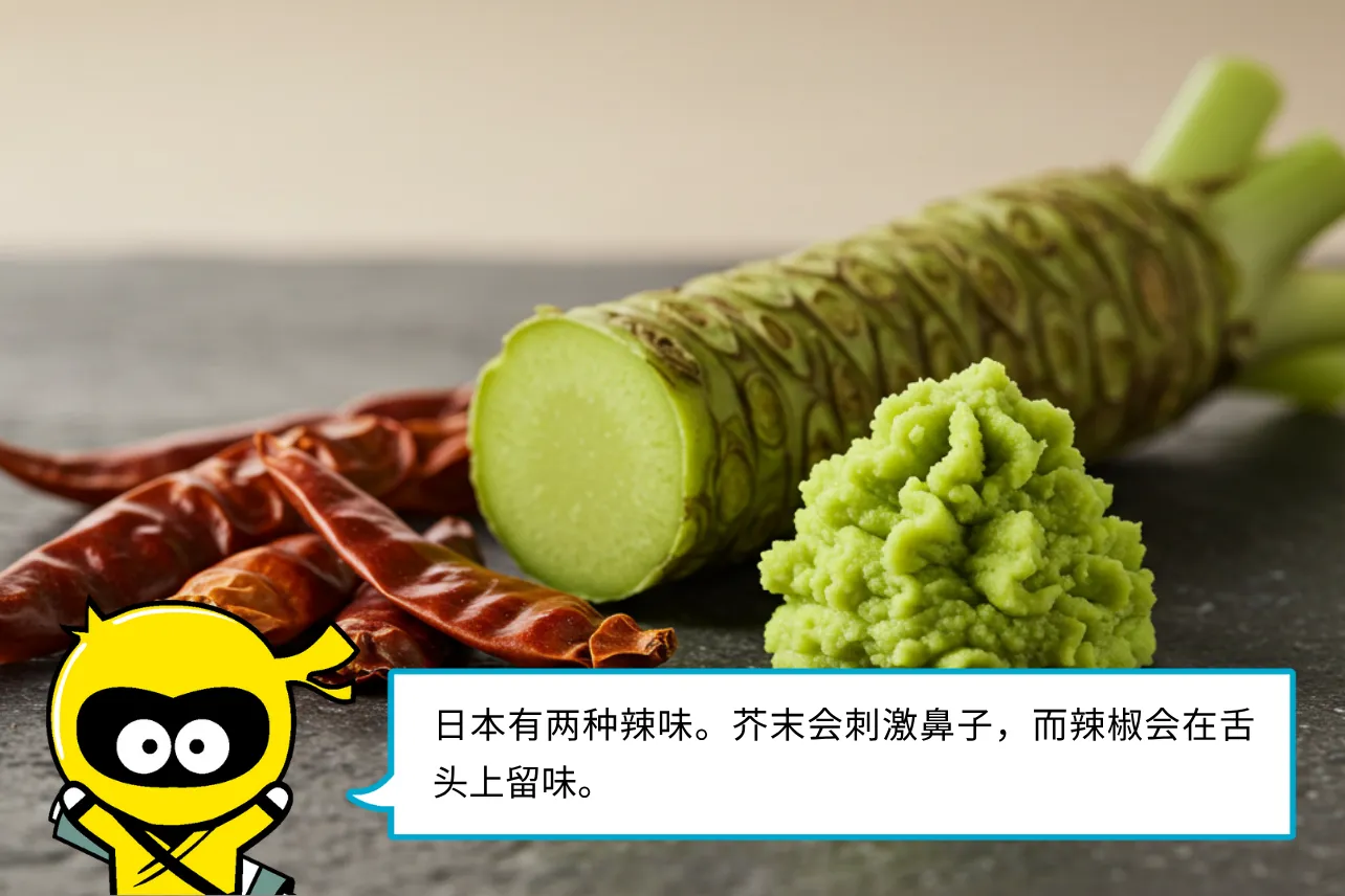 日本有两种辣味。芥末会刺激鼻子，而辣椒会在舌头上留味。