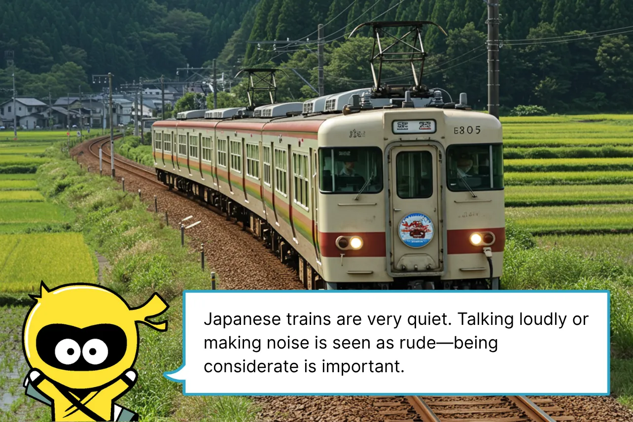 Japanese trains are very quiet. Talking loudly or making noise is seen as rude—being considerate is important.