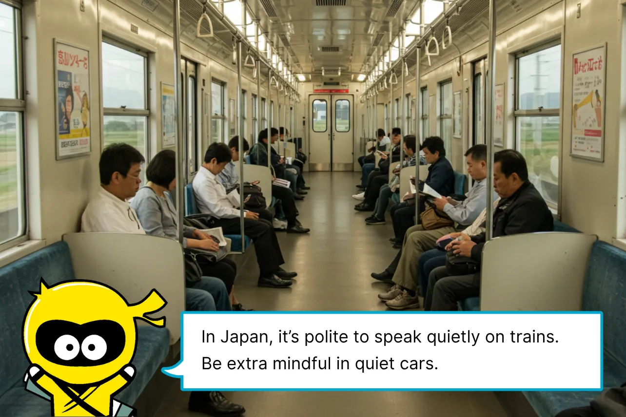 In Japan, it’s polite to speak quietly on trains. Be extra mindful in quiet cars.
