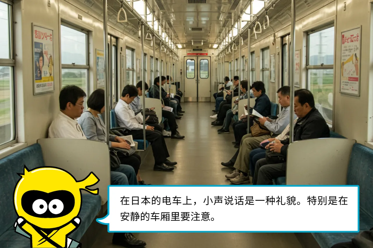 在日本的电车上，小声说话是一种礼貌。特别是在安静的车厢里要注意。