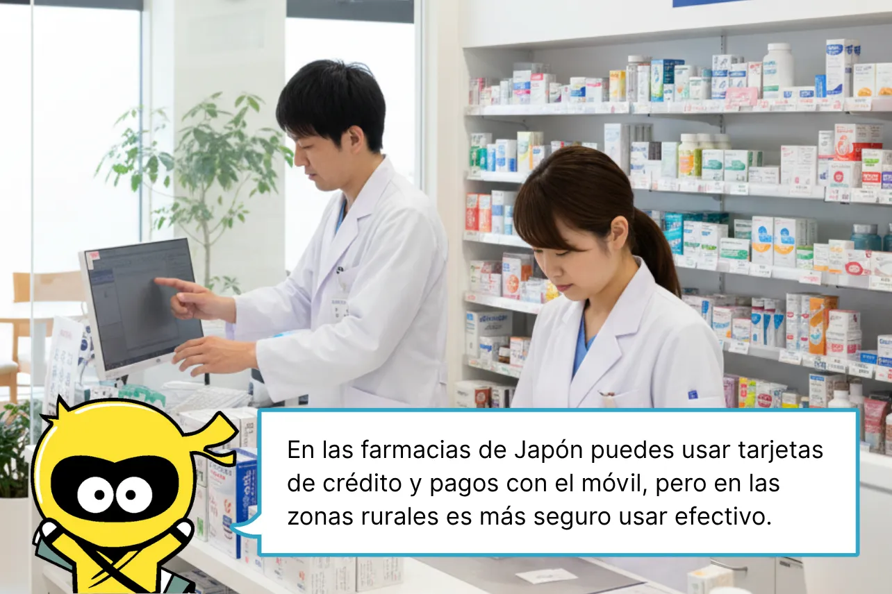 En las farmacias de Japón puedes usar tarjetas de crédito y pagos con el móvil, pero en las zonas rurales es más seguro usar efectivo.