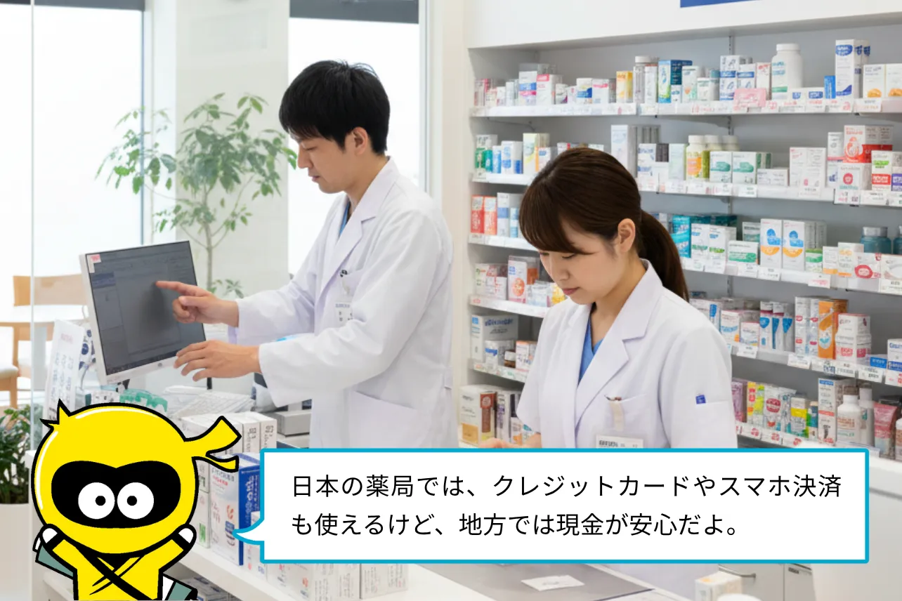 日本の薬局では、クレジットカードやスマホ決済も使えるけど、地方では現金が安心だよ。